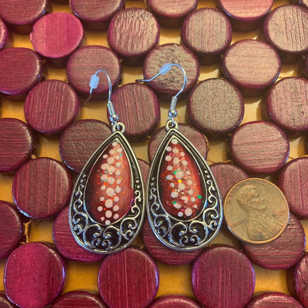 Hand Painted Red And Silver Drop Earrings